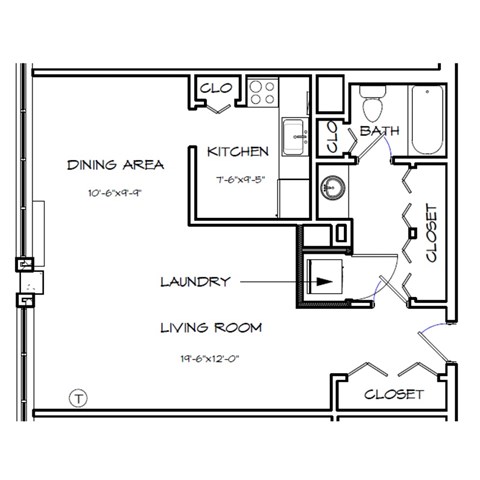 A floor plan of a small apartment with a living room, kitchen, and bathroom.